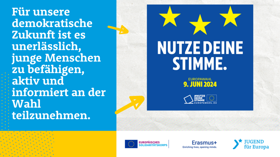 Nutze deine Stimme! Zitat: Für unsere demokratische Zukunft ist es unerlässlich, junge Menschen zu befähigen, aktiv und informiert an der Wahl teilzunehmen.