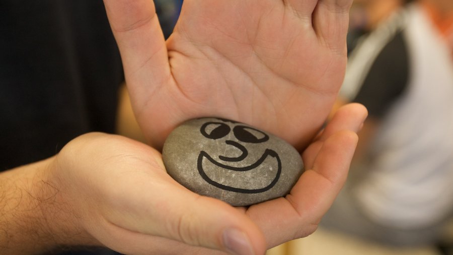 Person hält einen flachen Stein in der Hand, auf den ein lachendes Gesicht gemalt ist