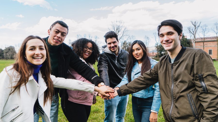 Eine Gruppe junger Menschen im Park fasst sich in der Mitte eines Kreises an den Händen und hat gemeinsam Spaß