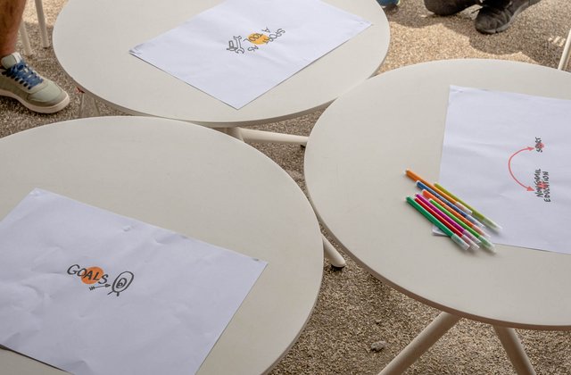 Auf dem Bild sind drei niedrige, runde, weiße Tische von schräg oben abgebildet. Auf ihnen liegt jeweils ein weißes Blatt und bunte Filzstifte. Auf die Blätter wurde jeweils ein Wort bzw. ein Stichpunkt geschrieben. Goals. Sport as a tool. Non-formal education - sport.