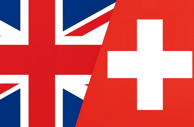 Collage aus den Flaggen des UK und der Schweiz