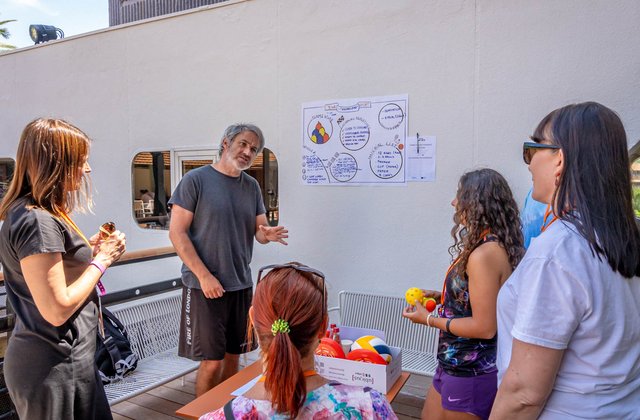 Auf dem Bild sind fünf Menschen abgebildet. Ein Mann steht vor einer Hauswand, hinter ihm an der Hauswand hängt ein selbstgestaltetes Plakat mit Zeichnungen und Text. Der Mann erklärt den anderen Personen, vier Frauen, die mit dem Rücken zum Betrachtenden stehen, etwas zu dem Plakat. Die Menschen haben sommerliche Kleidung an. Es ist ein Volleyball, und weitere kleine Bälle und Frisbees, in einer Kiste auf einem viereckigen Holztisch in der Mitte der fünf Personen zu sehen. Eine Frau hält zwei kleine Bälle in ihren Händen. 