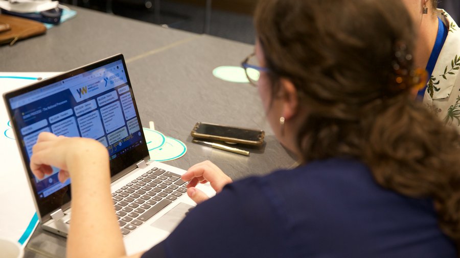 Frau schaut auf einen Laptop